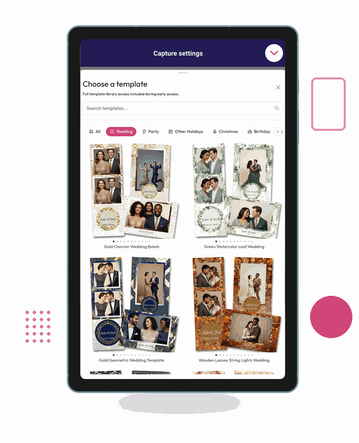 Android tablet showing the LumaBooth template picker with wedding, party and holiday print layouts
