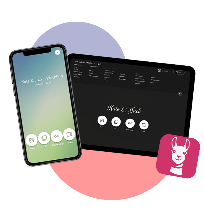 LumaBooth for Apple and LumaBooth for Windows photo booth apps shown on iPhone and iPad with wedding welcome screen and settings dashboard