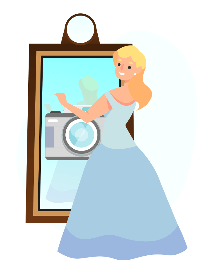 Girl in dress posing in front of mirror booth with camera animation playing.